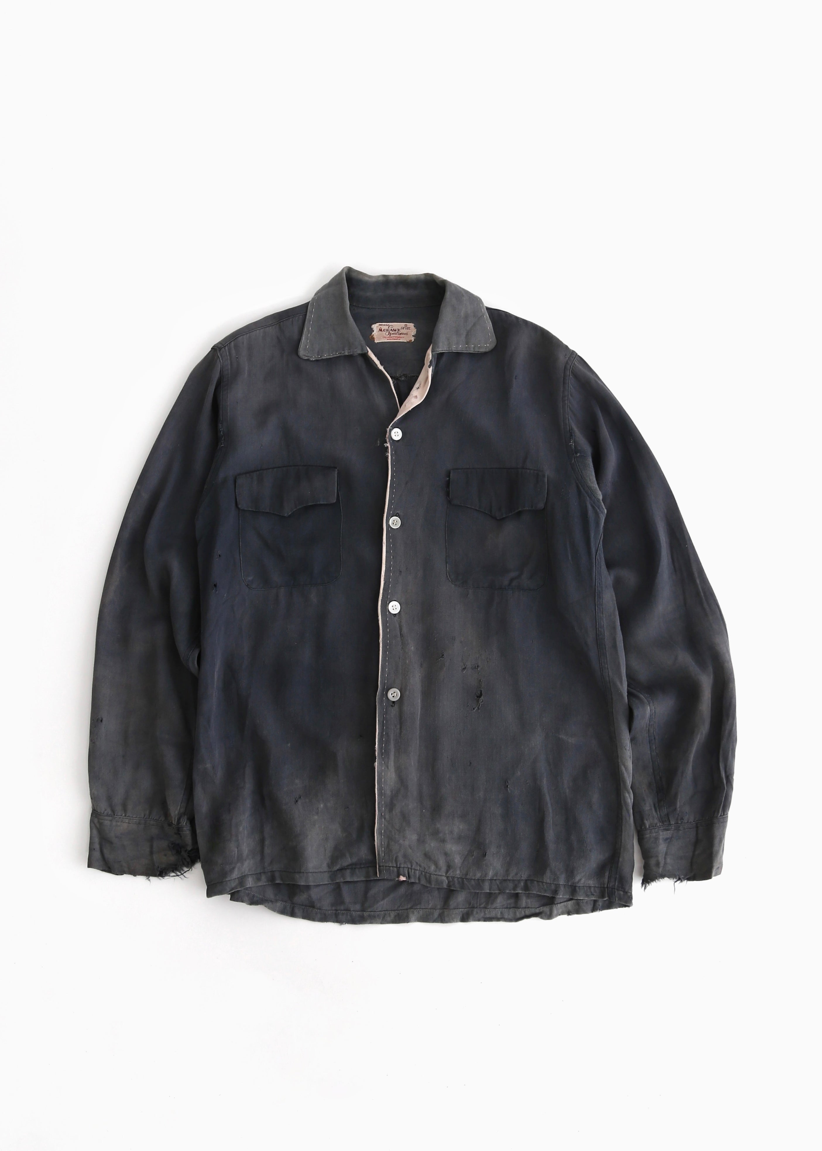 50’S FADED BLACK RAYON DISTRESSED LOOP COLLAR SHIRT