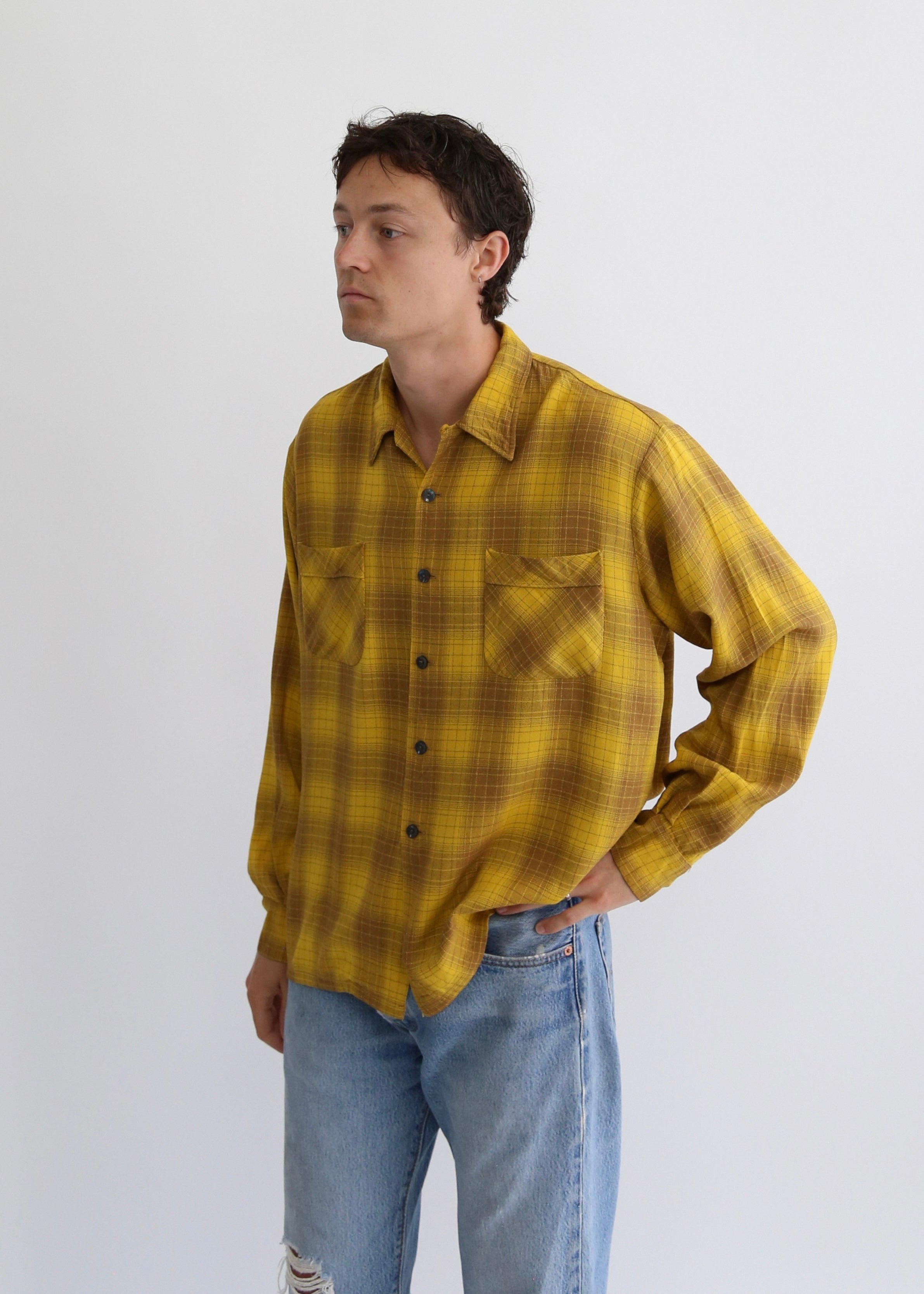 50’S SHADOWPLAID RAYON LOOP COLLAR L/S SHIRT