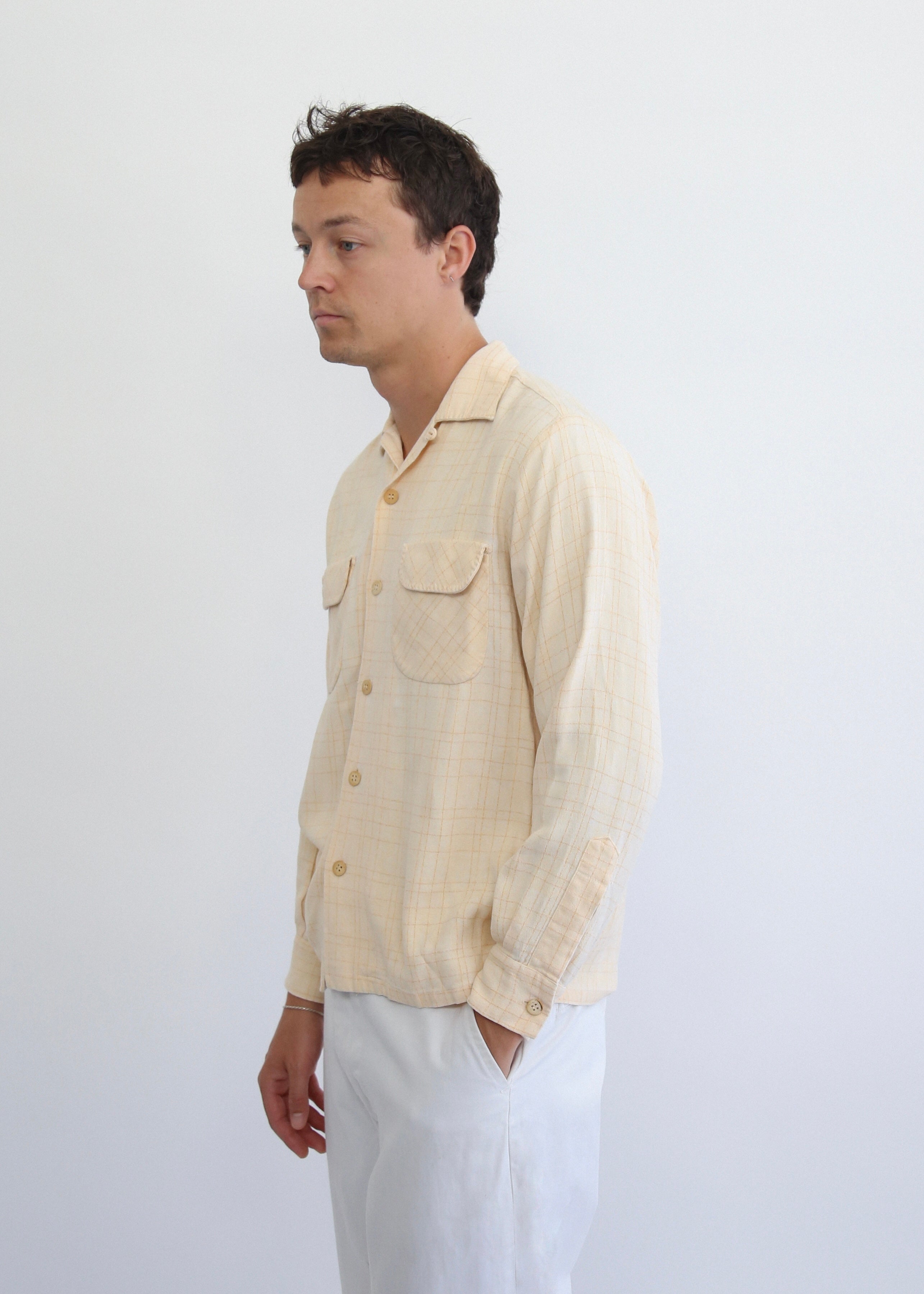 50’S BUTTER YELLOW RAYON LOOP COLLAR L/S SHIRT