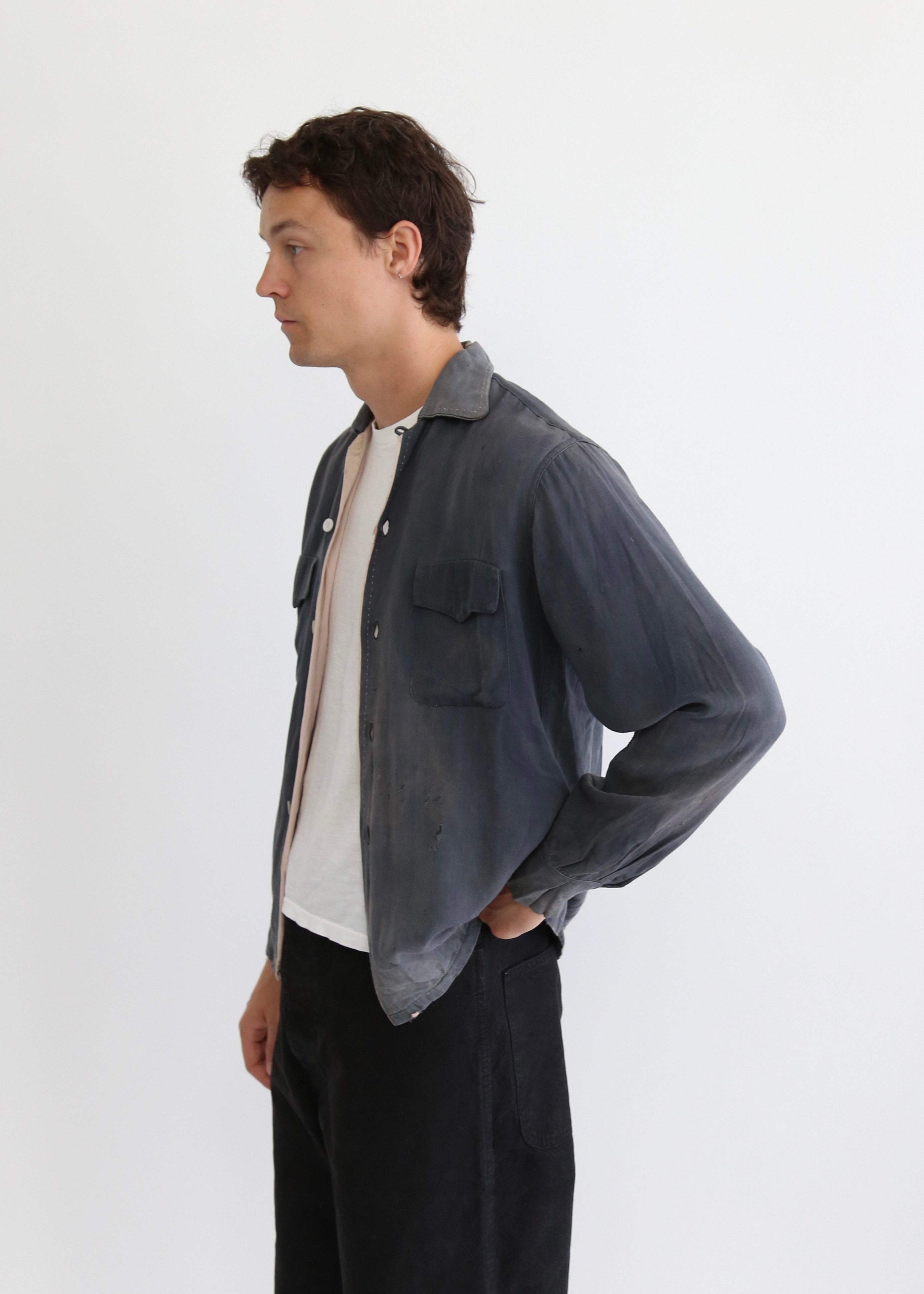 50’S FADED BLACK RAYON DISTRESSED LOOP COLLAR SHIRT
