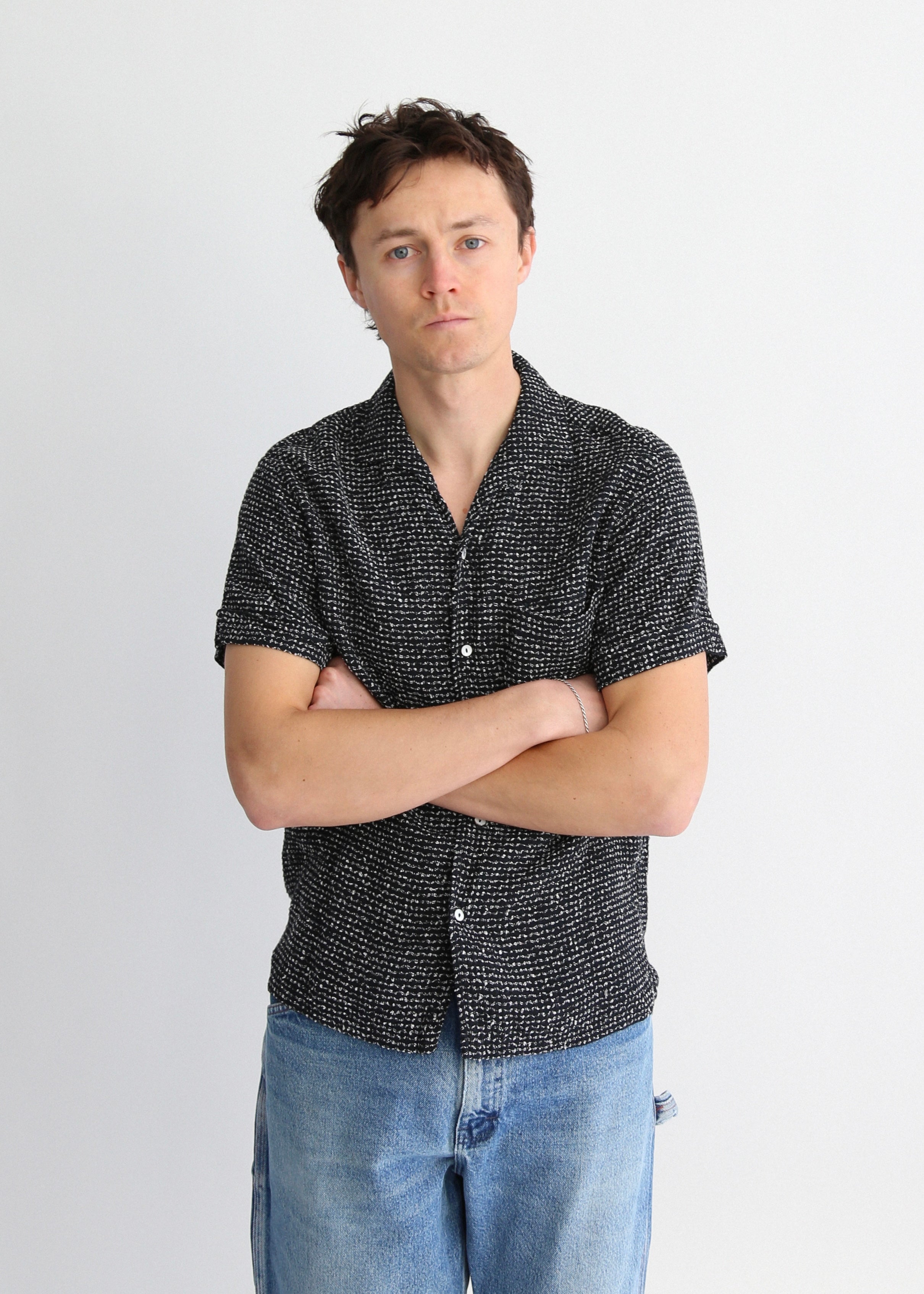 50’s Textured Black Loop Collar Shirt